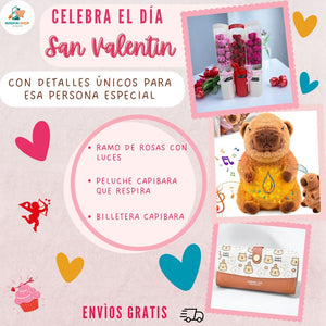 PROMO SAN VALENTIN: RAMO DE FLORES CON LUCES+CAPIBARA QUE RESPIRA+BILLETERA CAPIBARA
